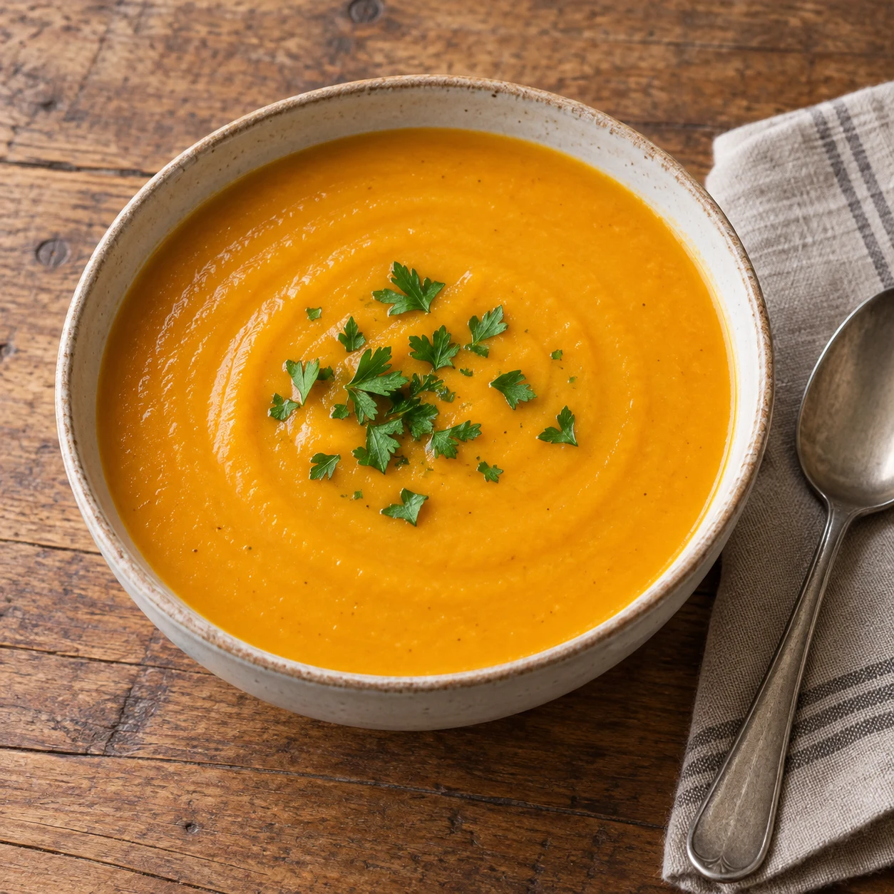 Smooth orange butternut squash soup topped with chopped parsley in a ceramic bowl.