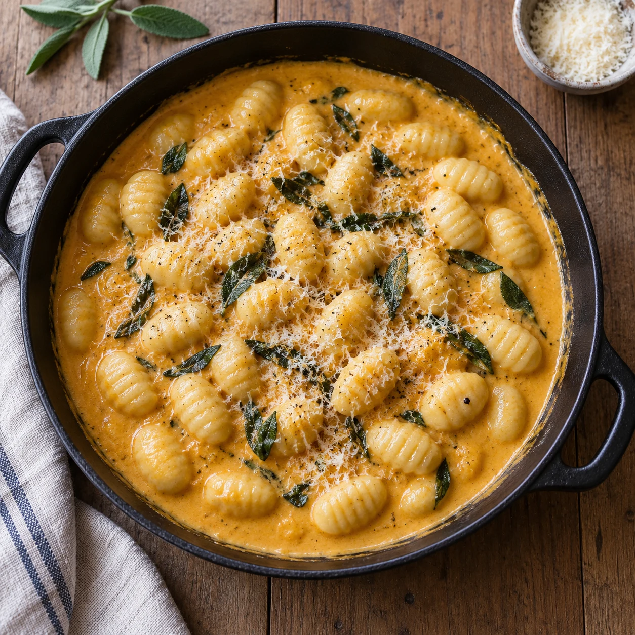 Ridged oval potato gnocchi in smooth orange pumpkin sauce with sage and grated Parmesan.