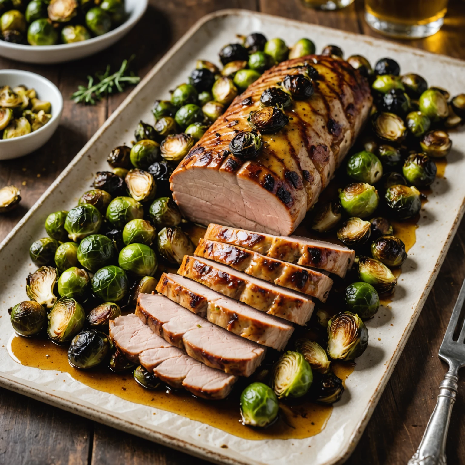 Sheet Pan Maple Mustard Glazed Pork Tenderloin with Roasted Brussels Sprouts