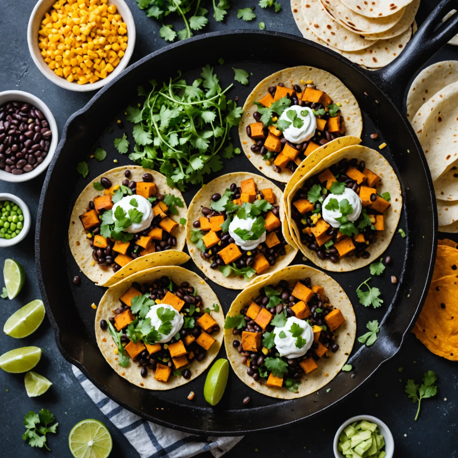 Skillet Sweet Potato and Black Bean Tacos with Avocado Lime Sauce