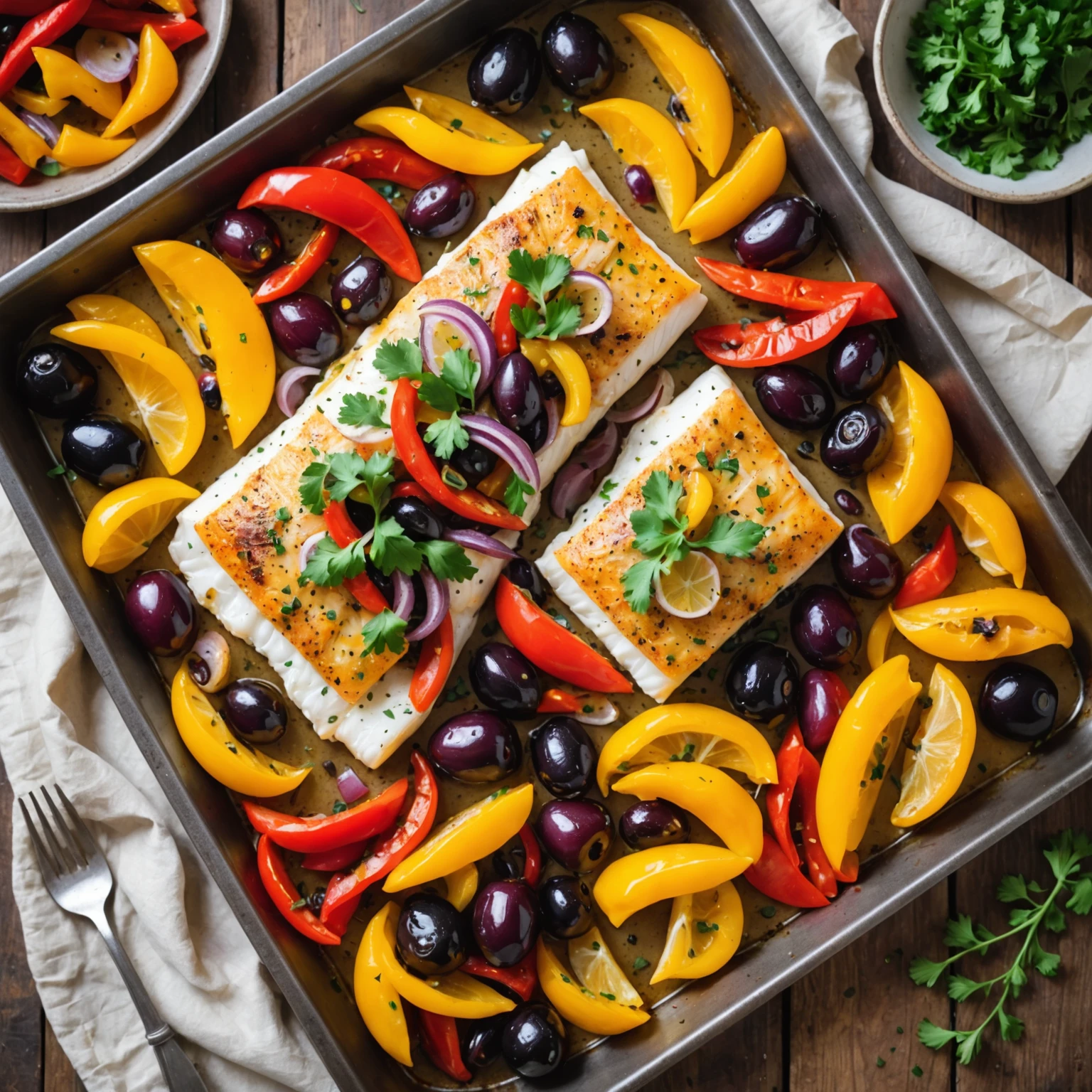 Sheet Pan Mediterranean Baked Cod with Roasted Pepper and Olive Medley