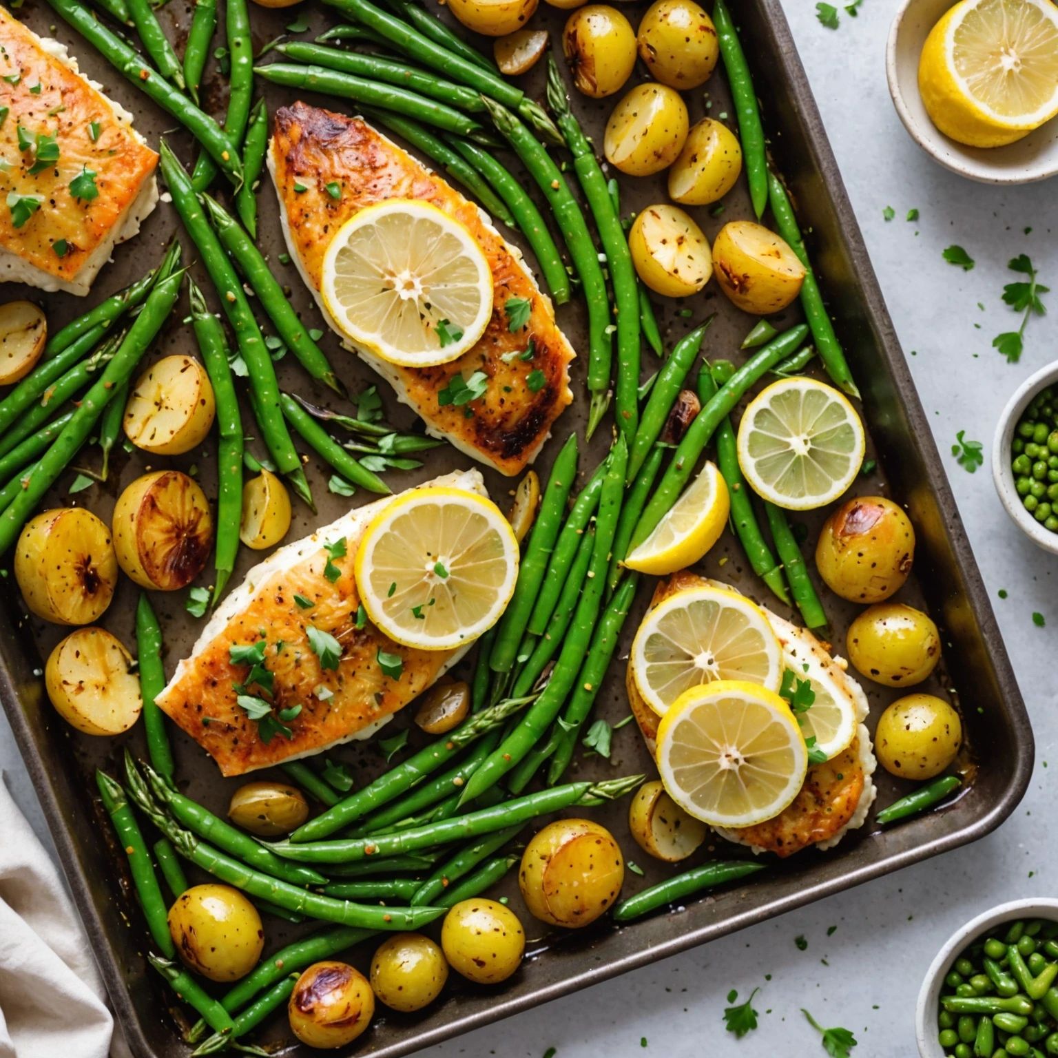 Sheet Pan Herb-Roasted Halibut with Garlic Green Beans and Baby Potatoes