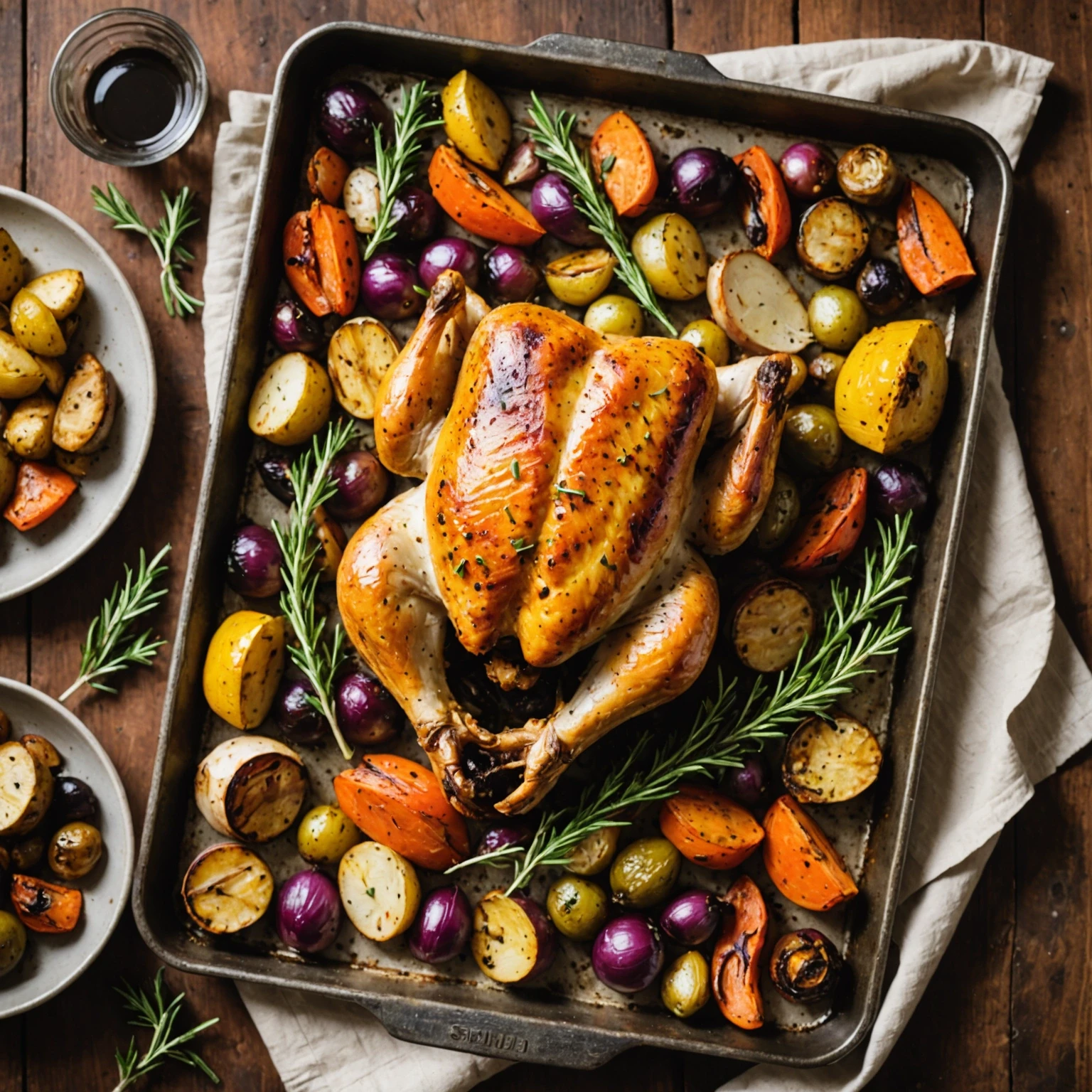 Close-up of a heavy-gauge sheet pan with perfectly roasted vegetables and seared chicken, highlighting even cooking and golden browning.