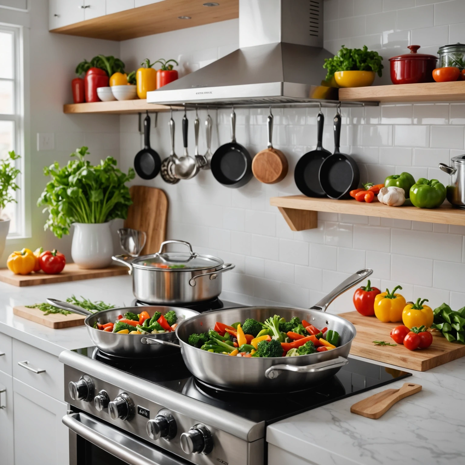 Stainless steel tri-ply skillet on stove with sautéing vegetables, steaming gently in a clean, organized kitchen setting.