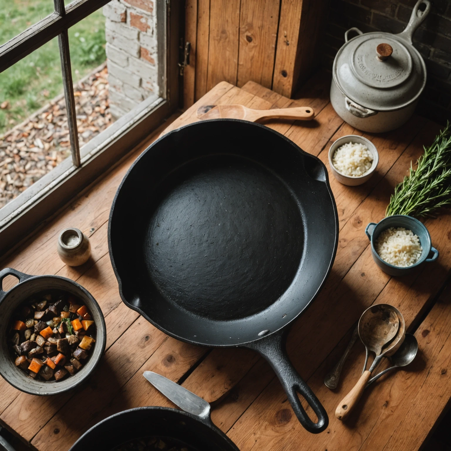 Cast iron skillet and enameled Dutch oven drying on a wooden rack in a bright, tidy kitchen, illustrating cookware maintenance and care.