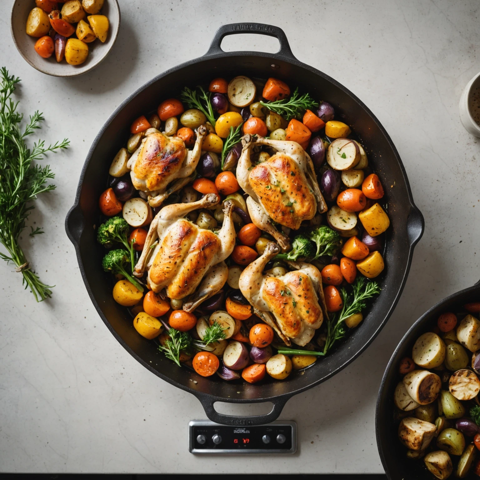 Close-up of a freshly cooked one-pan herb-roasted chicken with root vegetables on a stovetop