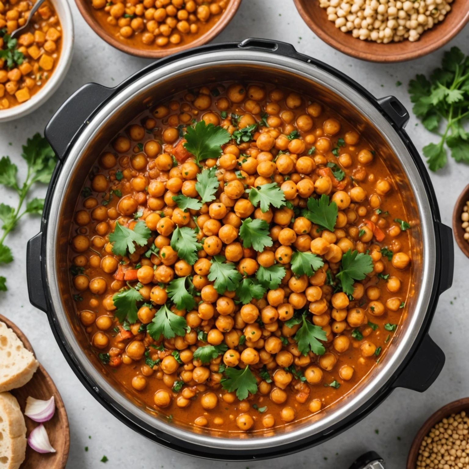 Instant Pot Moroccan chickpea stew freshly prepared with colorful ingredients on kitchen counter