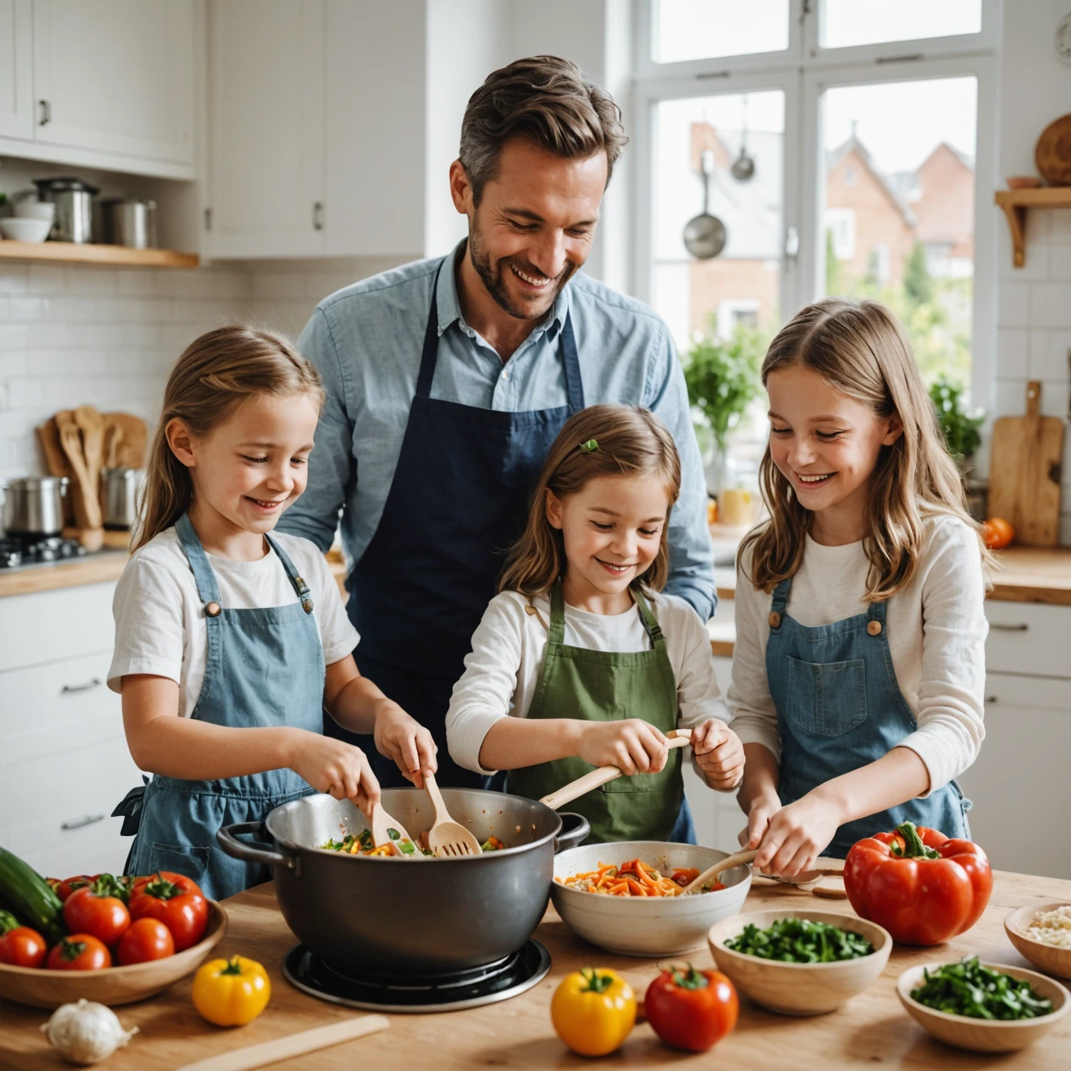 Family cooking a one-pot meal together in a bright kitchen, fostering mindful eating and bonding