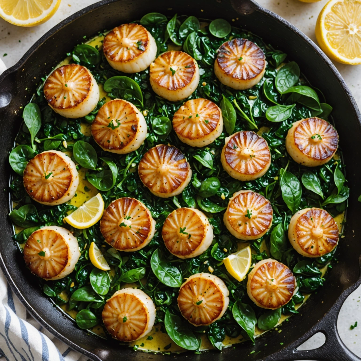 Skillet Seared Scallops with Garlic Butter and Lemon Spinach