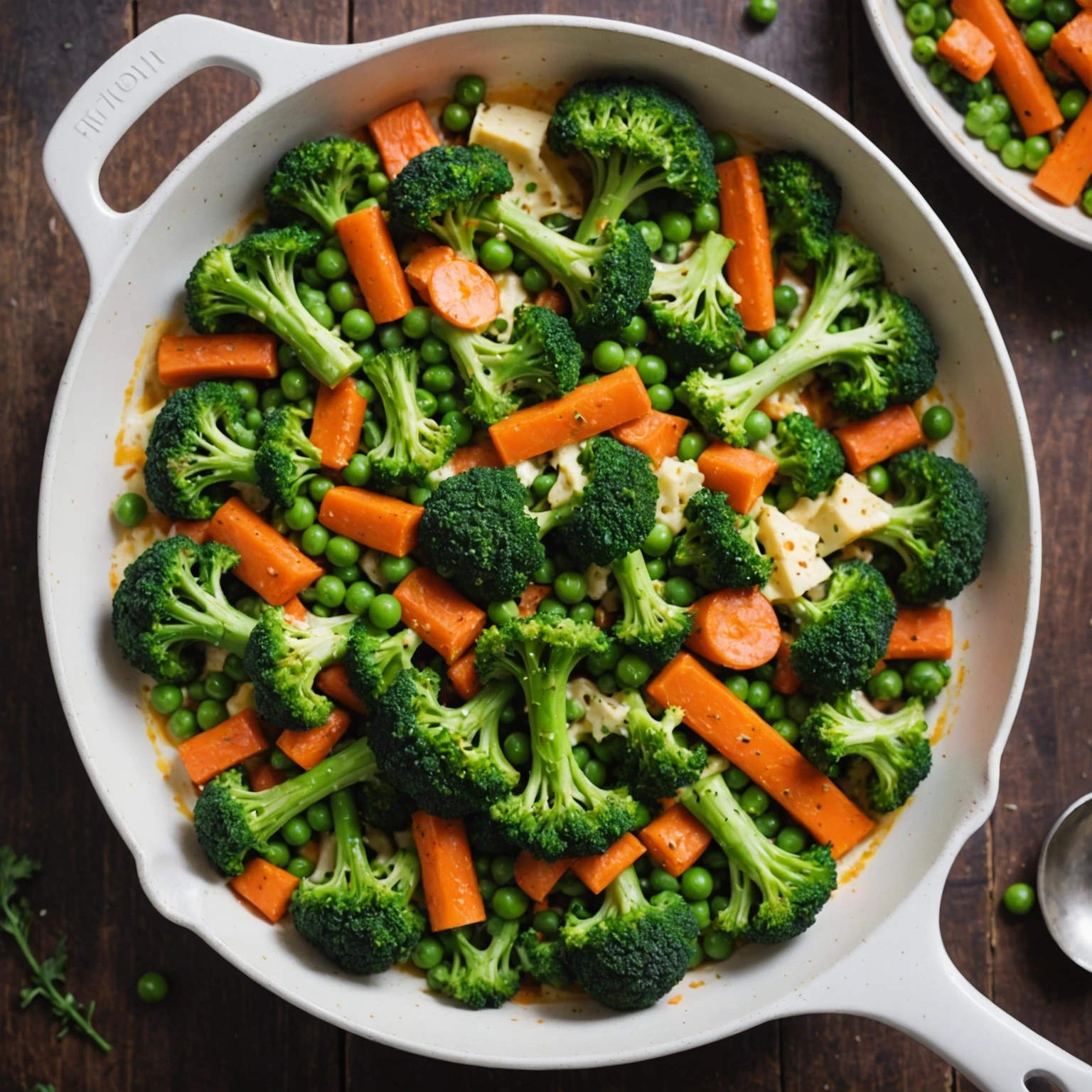 Colorful one-pan meal with roasted broccoli, carrots, peas, and melted cheese topping, highlighting vibrant colors and textures for kid-friendly appeal