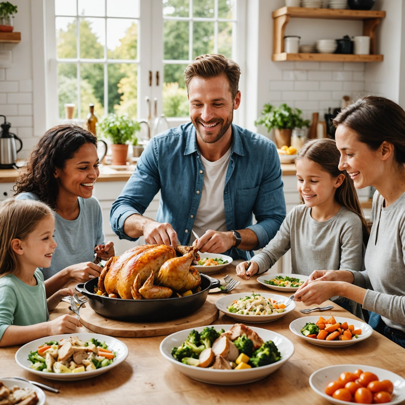 Happy family sharing a one-pan dinner around the dining table in a bright and cheerful setting, promoting positive mealtime experiences