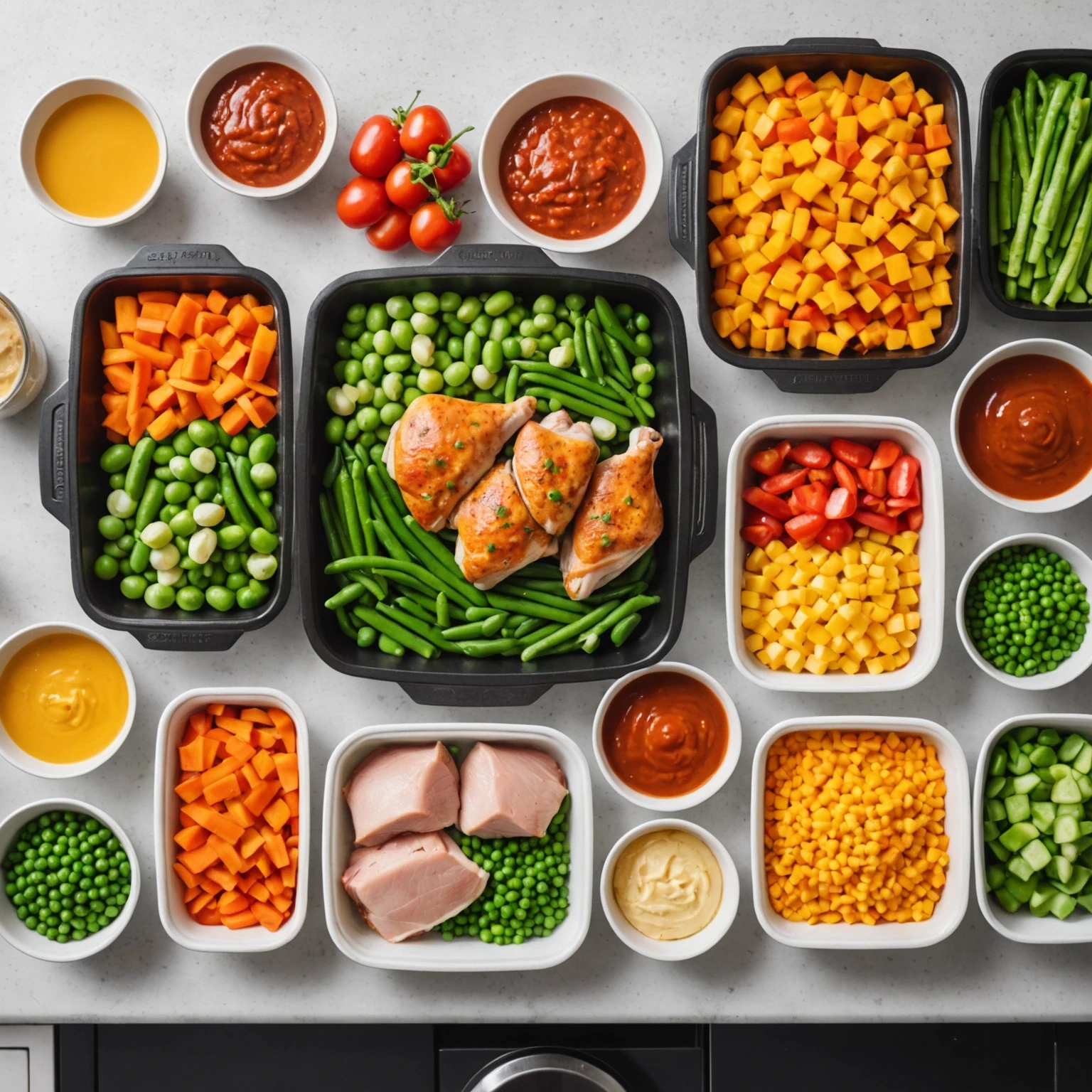Ingredients and components prepared for a kid-friendly one-pan dinner arranged neatly on a kitchen counter, emphasizing freshness and easy meal prep