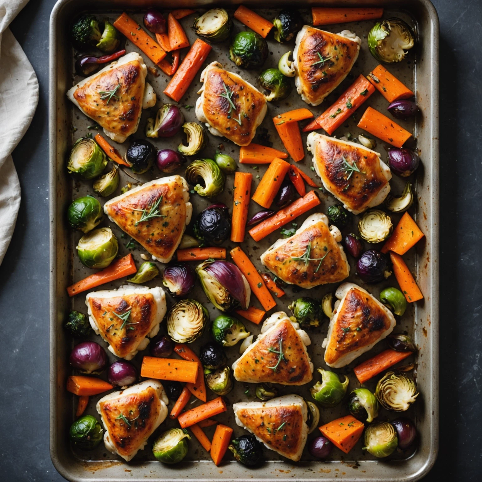 Overhead view of a rustic sheet pan with roasted chicken thighs and mixed vegetables on a dark stone surface.