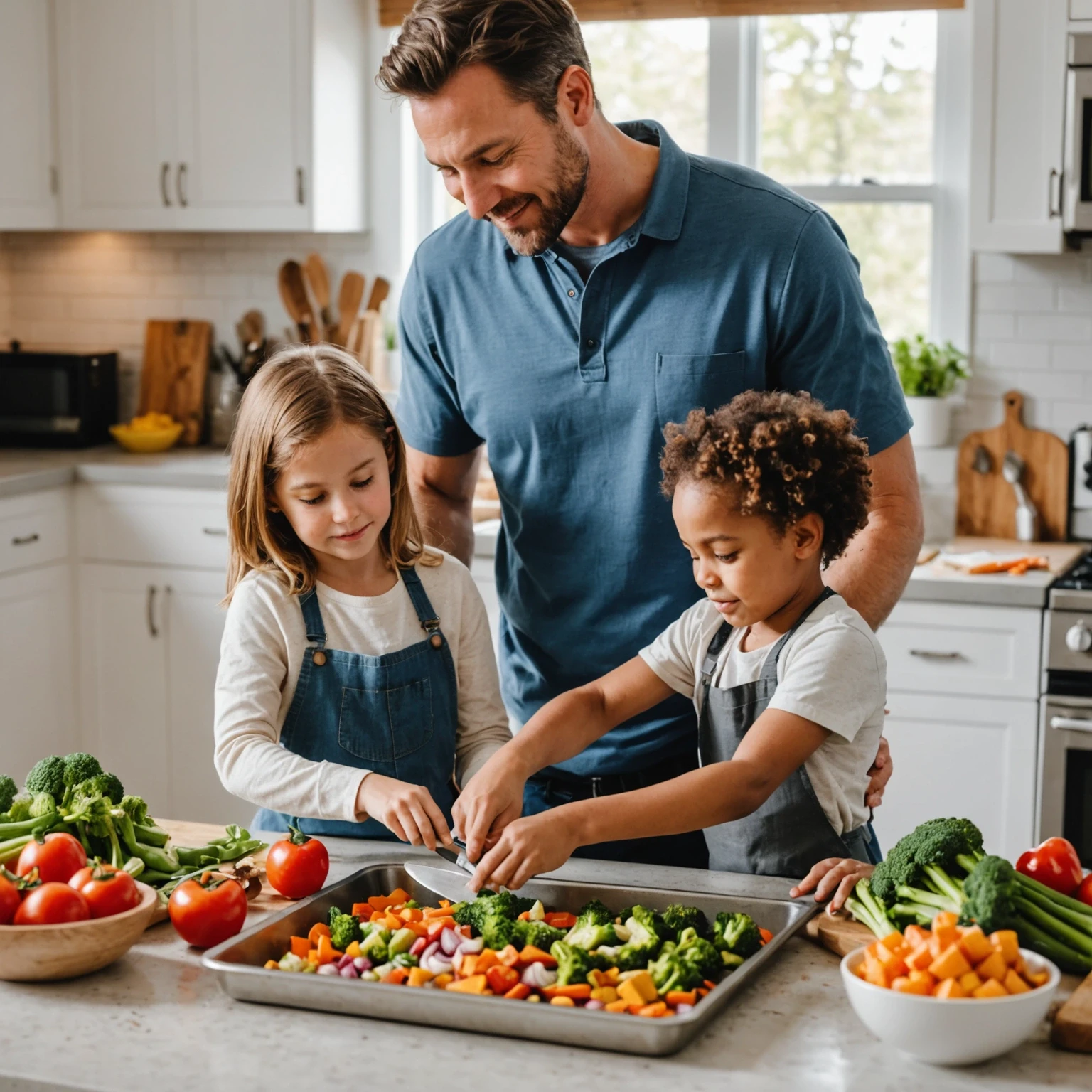 A parent and child preparing a healthy sheet pan dinner together in a bright modern kitchen.