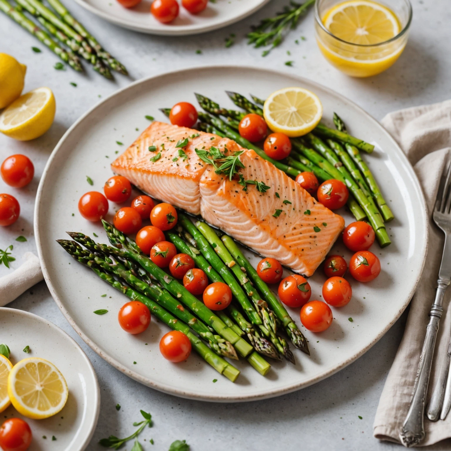 Elegantly plated sheet pan dinner featuring roasted salmon, asparagus, and cherry tomatoes on a white dish.
