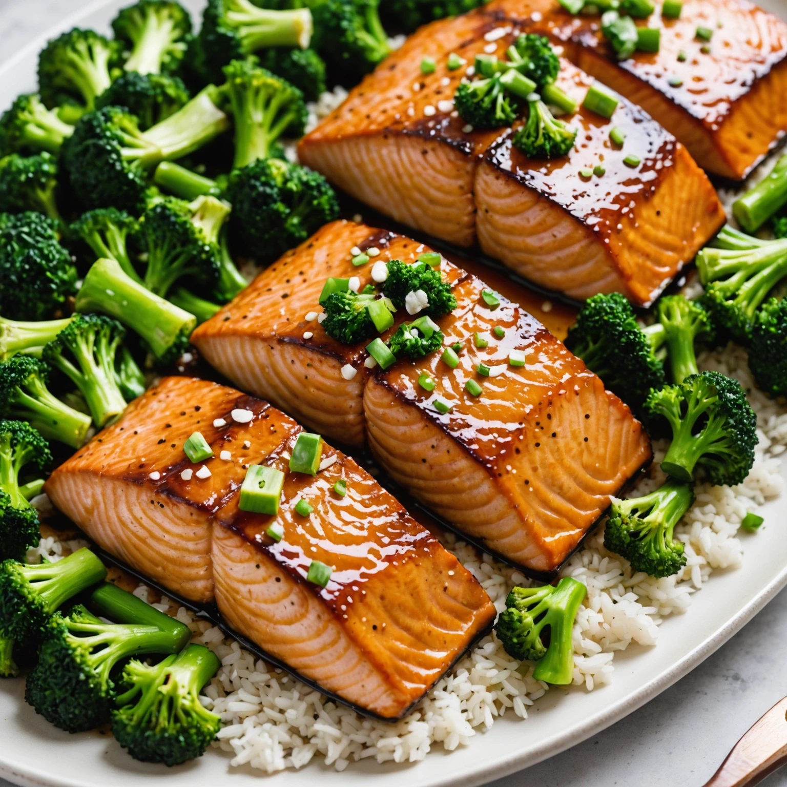 One-Pan Teriyaki Glazed Salmon with Roasted Broccoli and Jasmine Rice