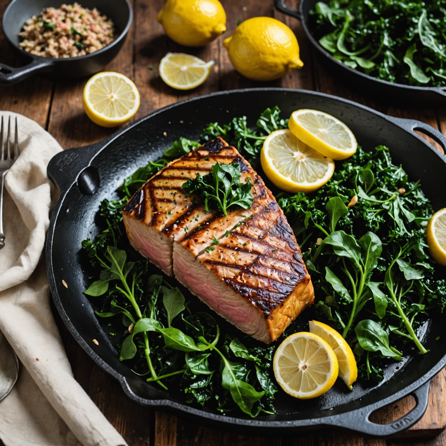 One-Pan Cajun-Spiced Seared Tuna with Sautéed Greens
