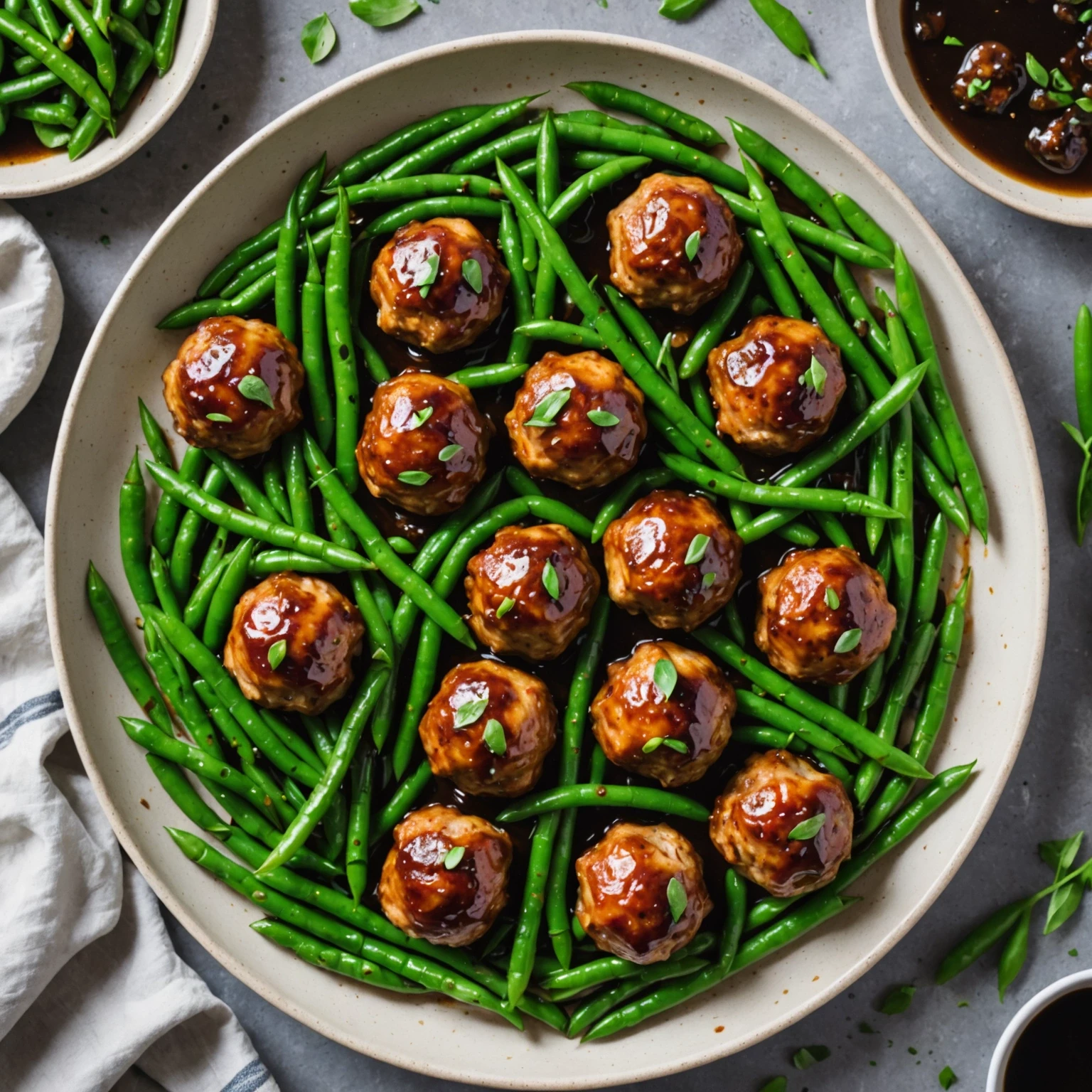 Overhead view of a sheet pan with balsamic glazed turkey meatballs and green beans cooked evenly