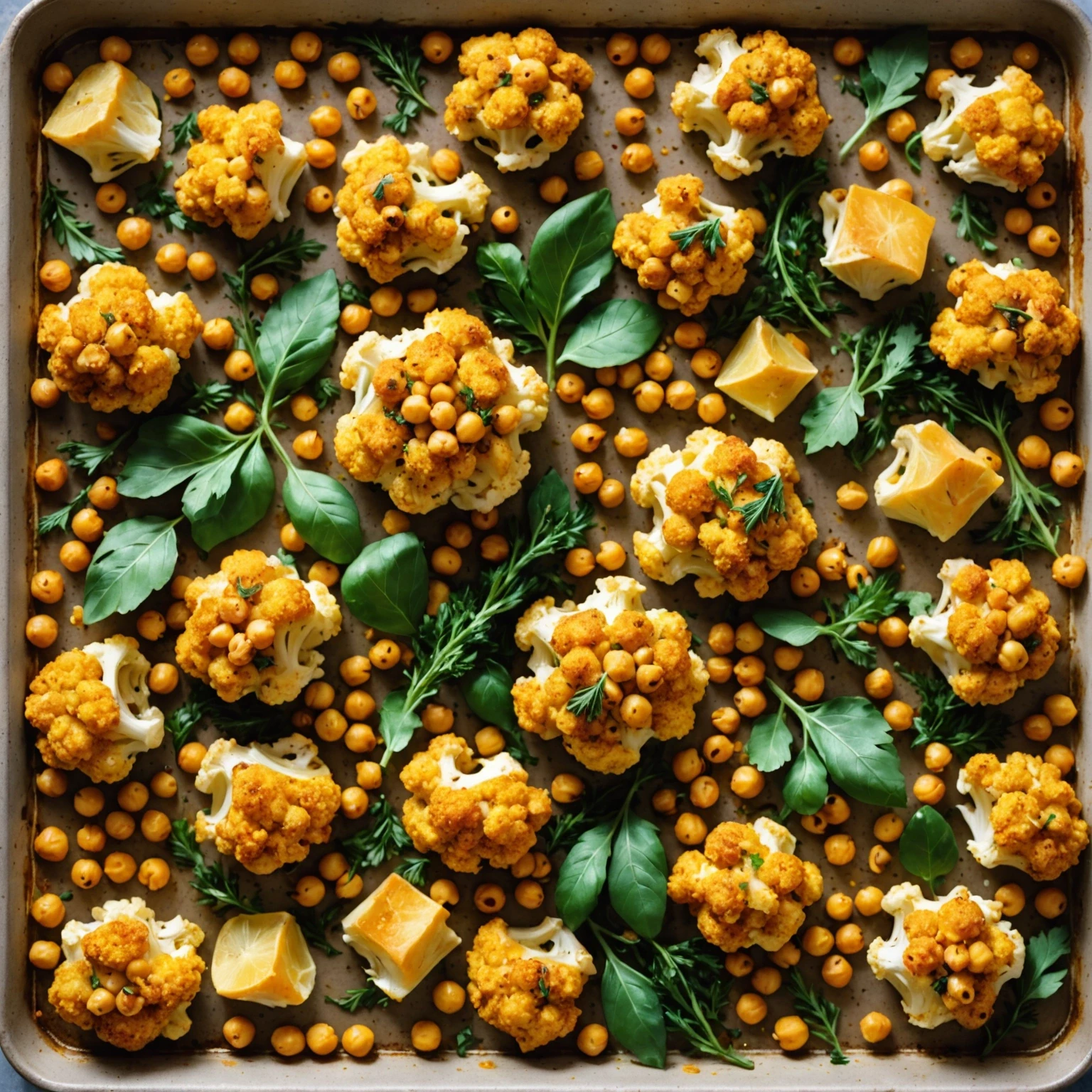 Close-up of roasted cauliflower and chickpeas on a sheet pan with fresh herbs