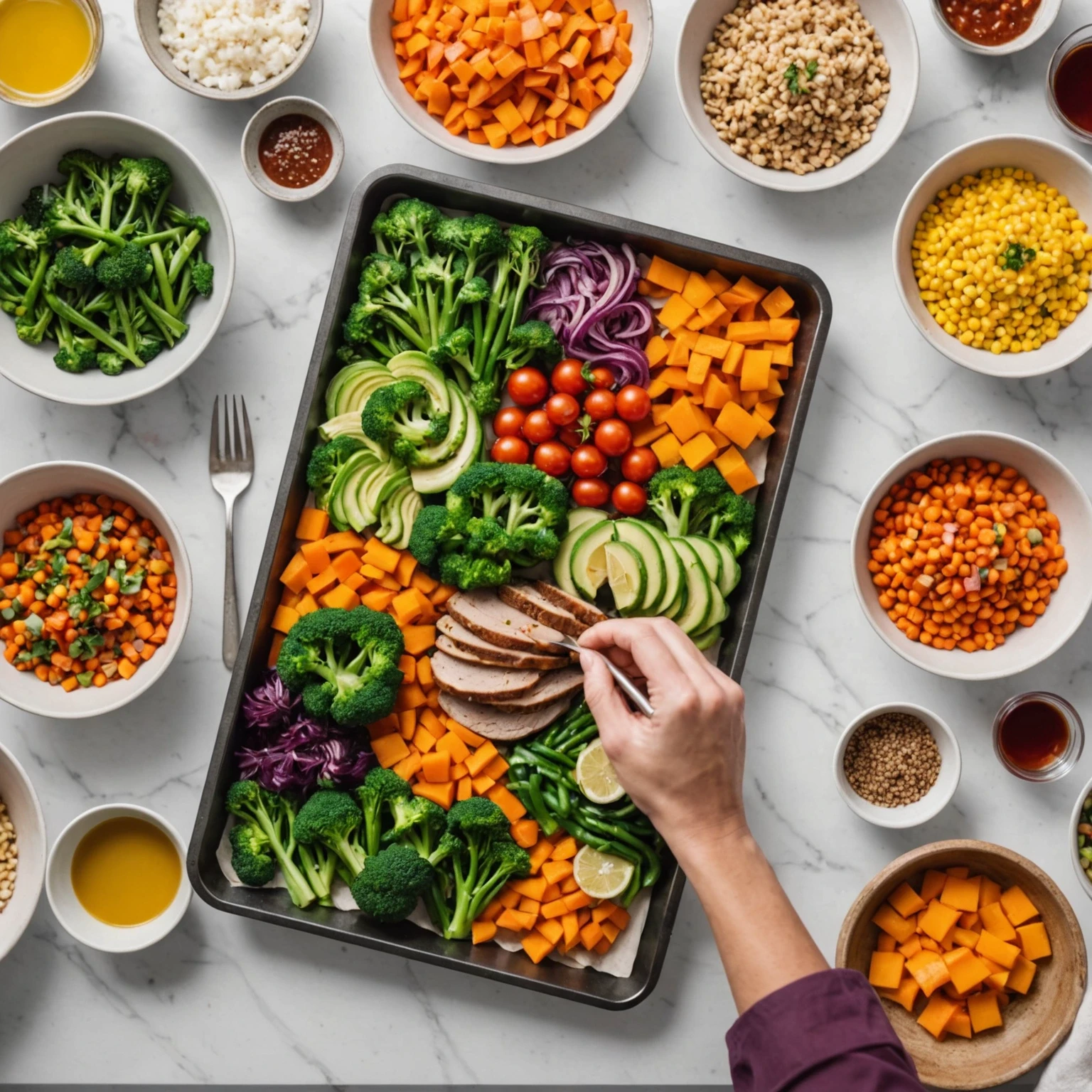 Hands arranging vegetables and proteins on a parchment-lined sheet pan in a bright kitchen for meal prep