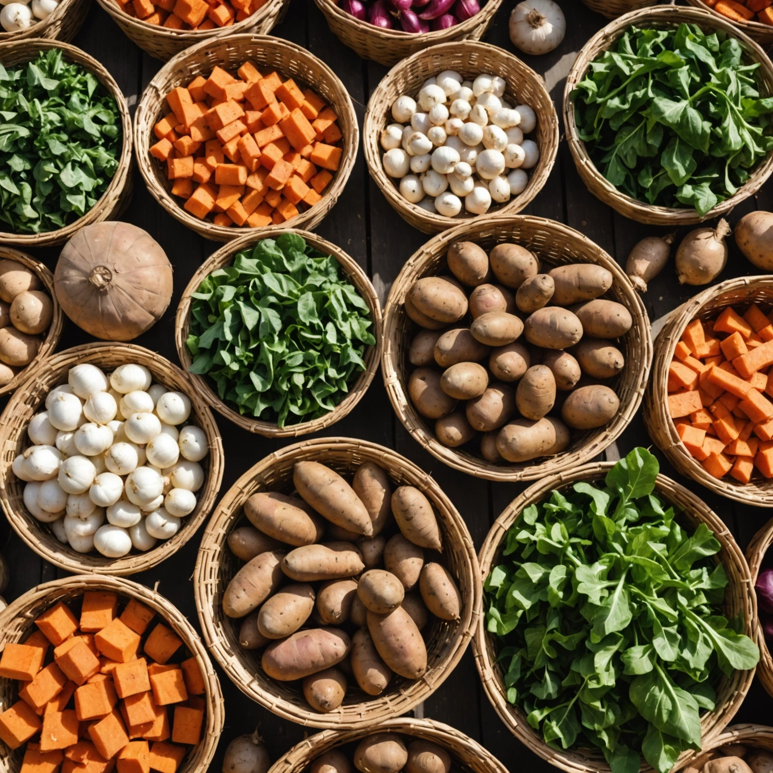 Close-up of fresh seasonal vegetables displayed at a rustic market stall under natural daylight