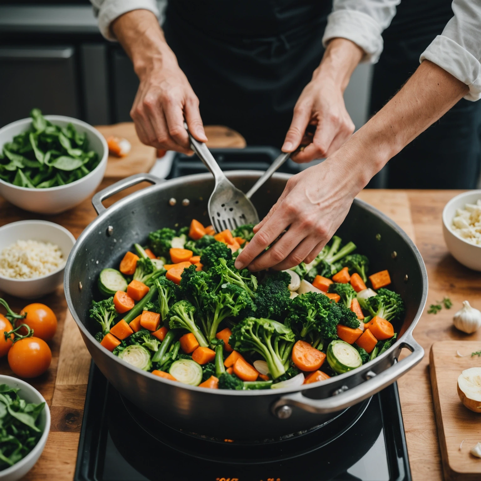 Cook’s hands adding fresh seasonal vegetables and herbs into a single pan on a stovetop in a clean modern kitchen