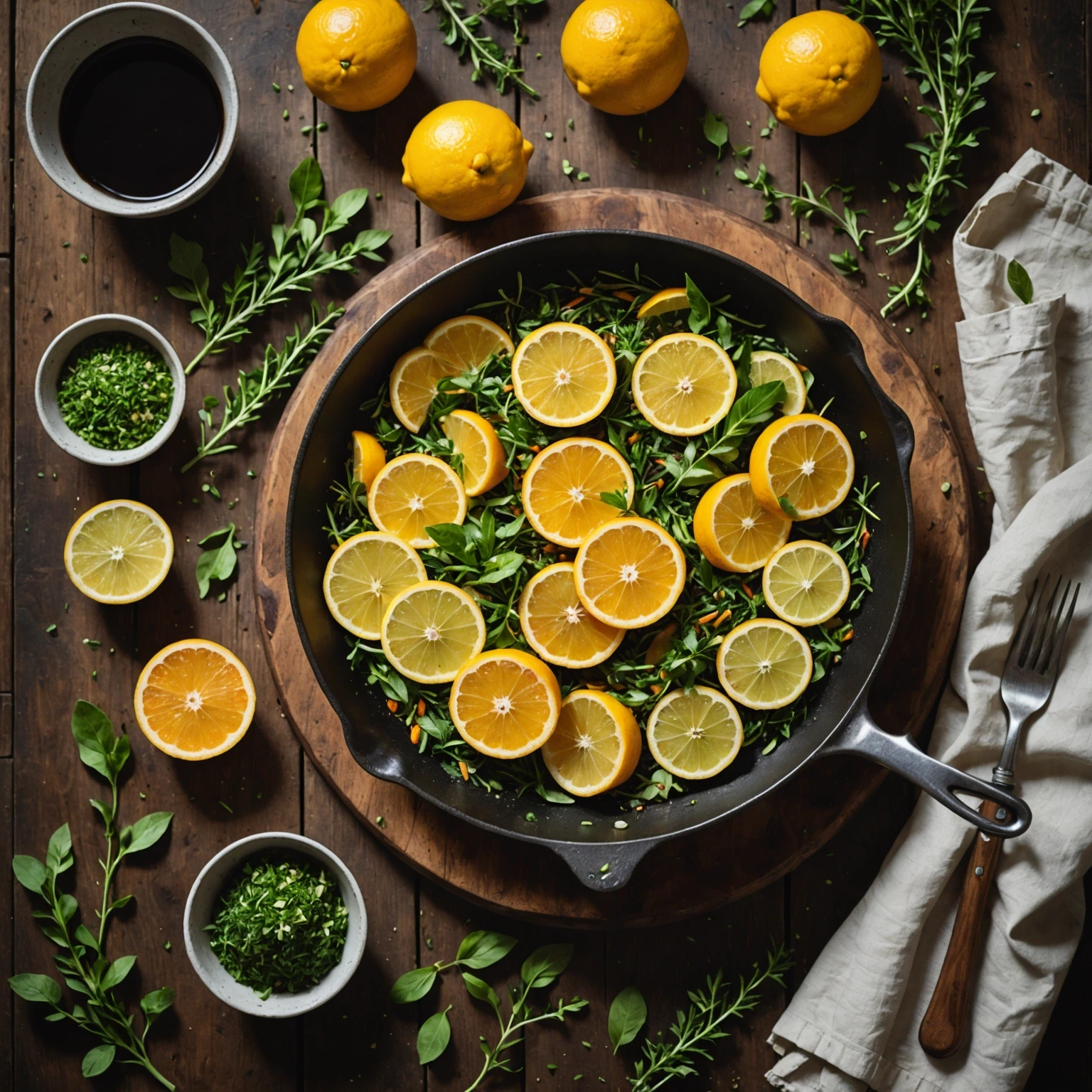 Finished one-pan meal garnished with fresh citrus zest and herbs on a rustic wooden table bathed in natural light