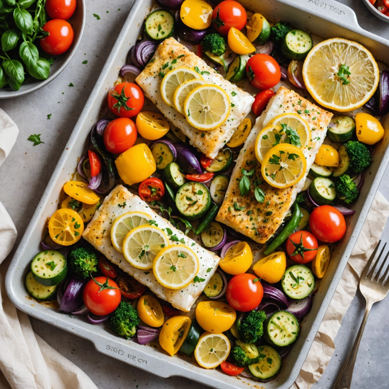 One-Pan Baked Lemon Herb Cod with Roasted Summer Vegetables