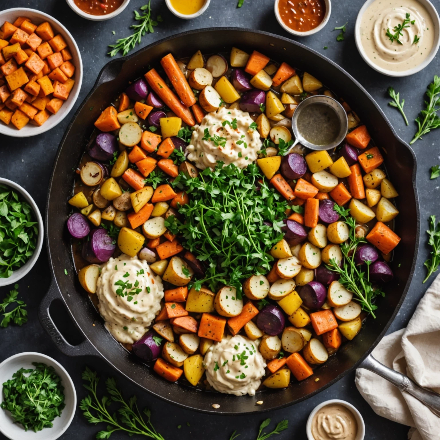 Top-down photo of a colorful one-pot comfort food dish with proteins, roasted root vegetables, creamy sauce, and fresh herbs in a skillet