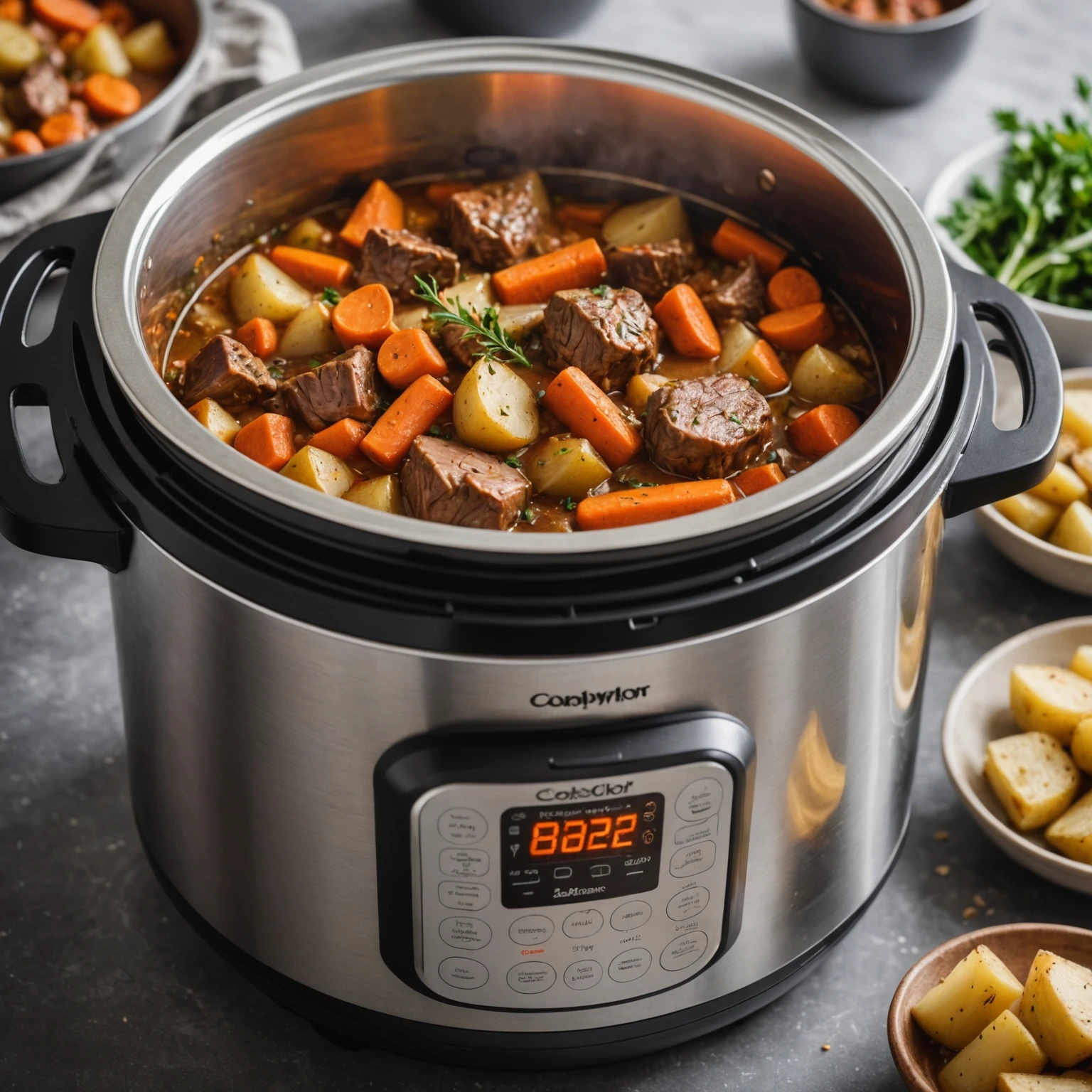 Close-up of a slow cooker containing hearty stew with meat, carrots, potatoes, and herbs, steam rising in a cozy kitchen setting