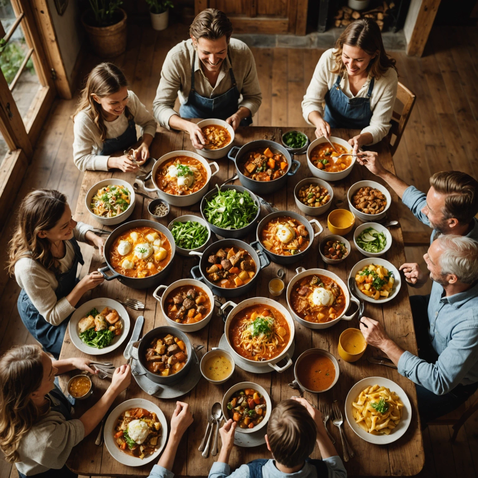 Family joyfully sharing and serving hearty one-pot comfort food dishes around a wooden dining table in warm light