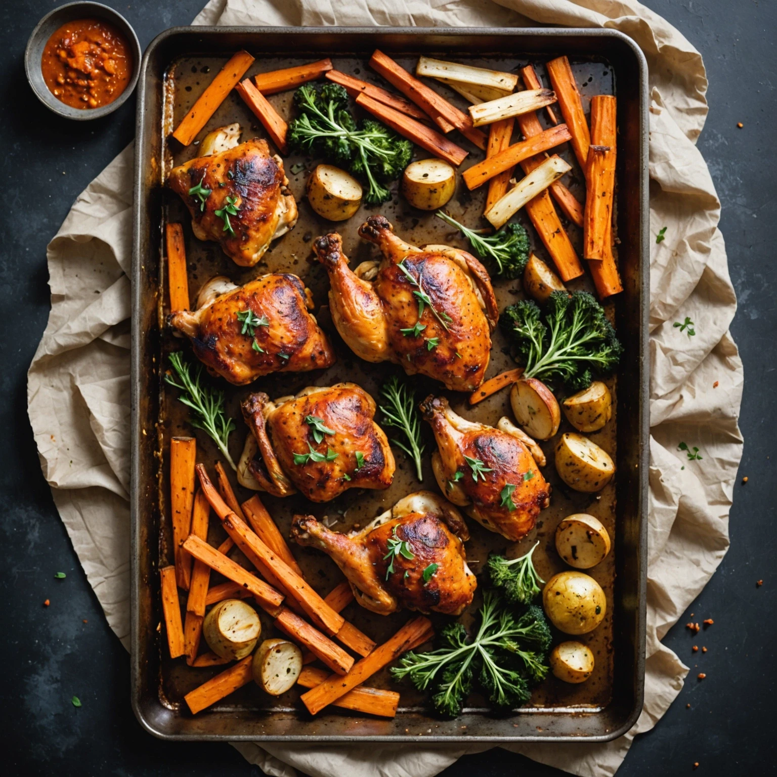 Sheet Pan Harissa Spiced Chicken Thighs with Roasted Carrots and Parsnips