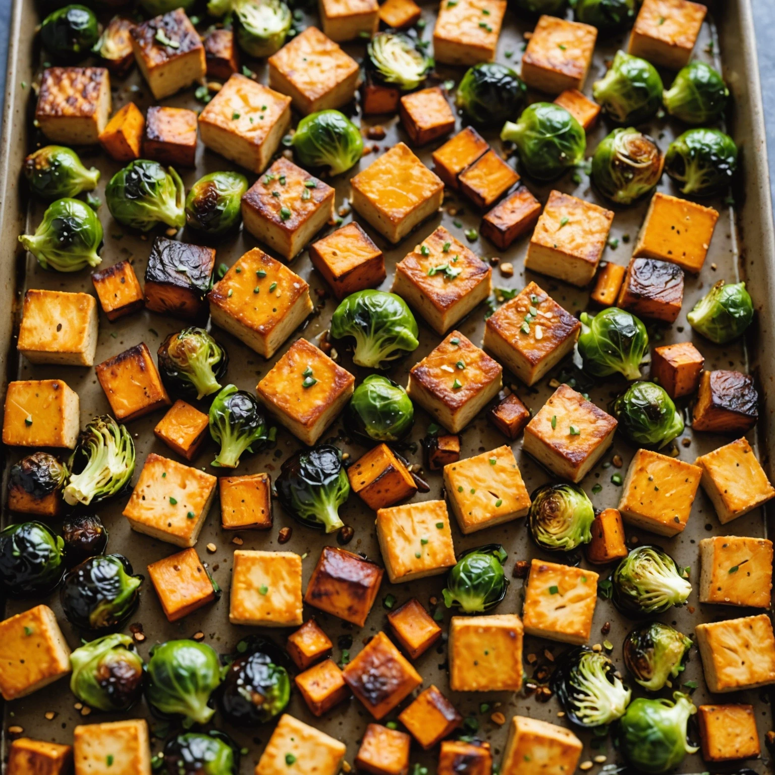 Sheet Pan Spiced Tofu with Roasted Brussels Sprouts and Sweet Potatoes