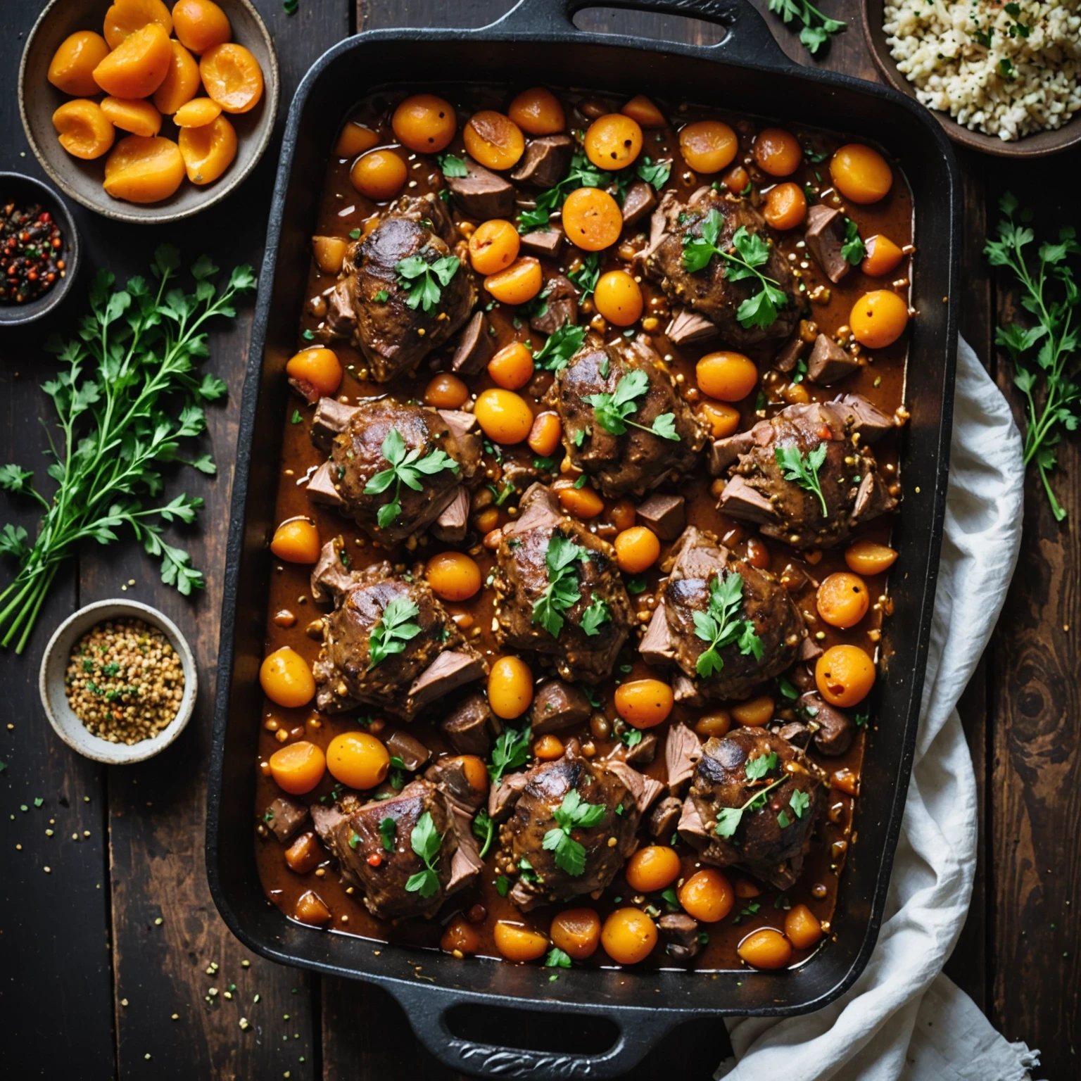 Close-up of slow cooker Mediterranean lamb tagine with apricots in rustic cast iron pan, rich spices and fresh herbs visible