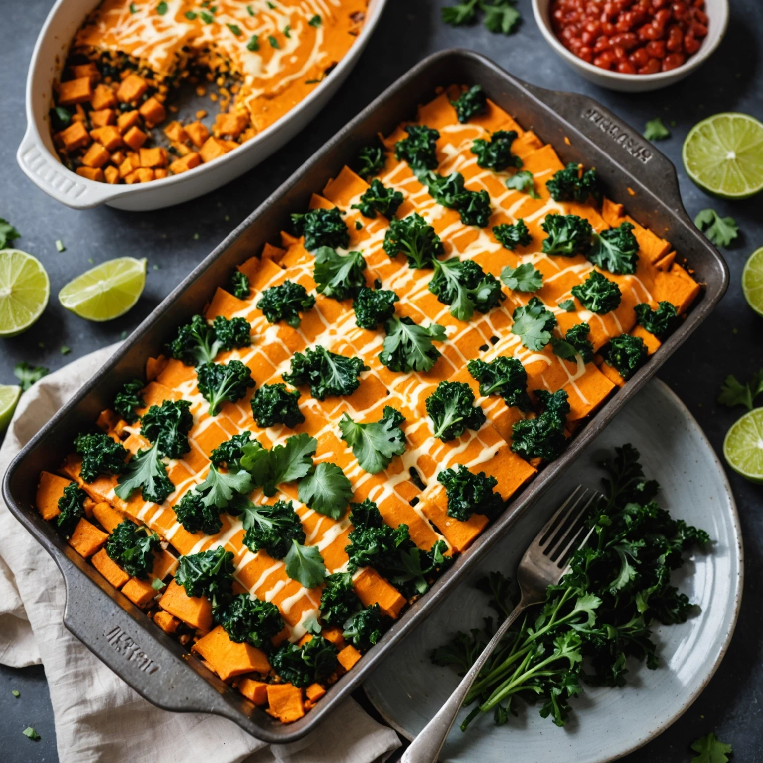 Vegetarian sweet potato and kale enchilada casserole plated on modern ceramic dish with chili and lime wedges, vibrant and fresh