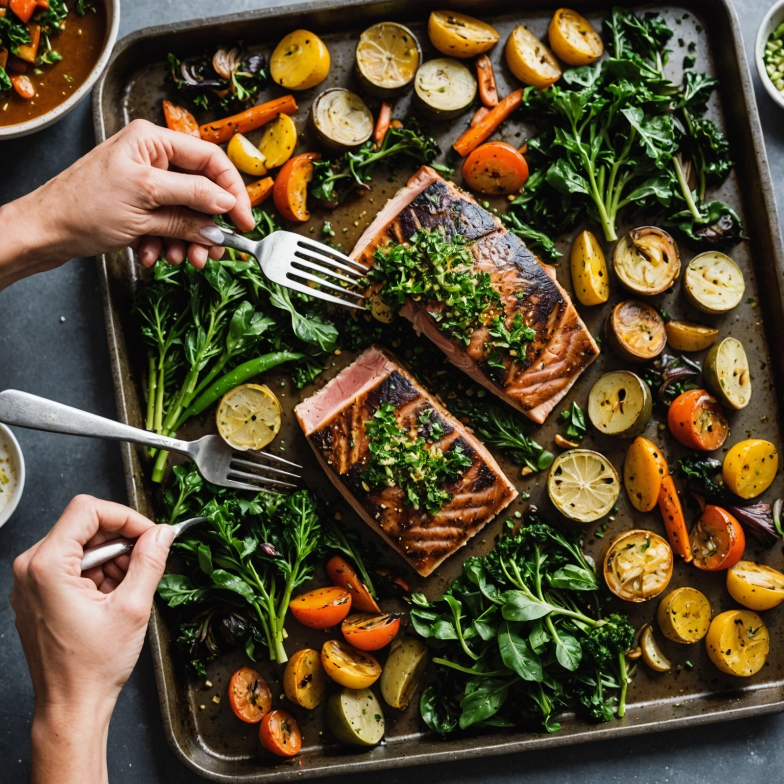 Hand adding fresh herbs to Cajun-spiced seared tuna with sautéed greens and roasted vegetables on rimmed baking sheet in natural kitchen light