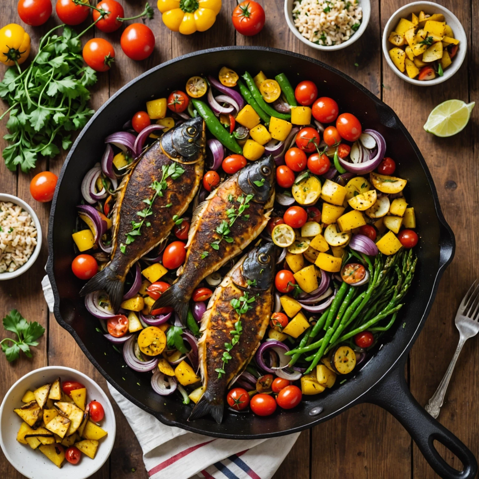 Skillet Blackened Catfish with Cajun-Spiced Roasted Vegetables