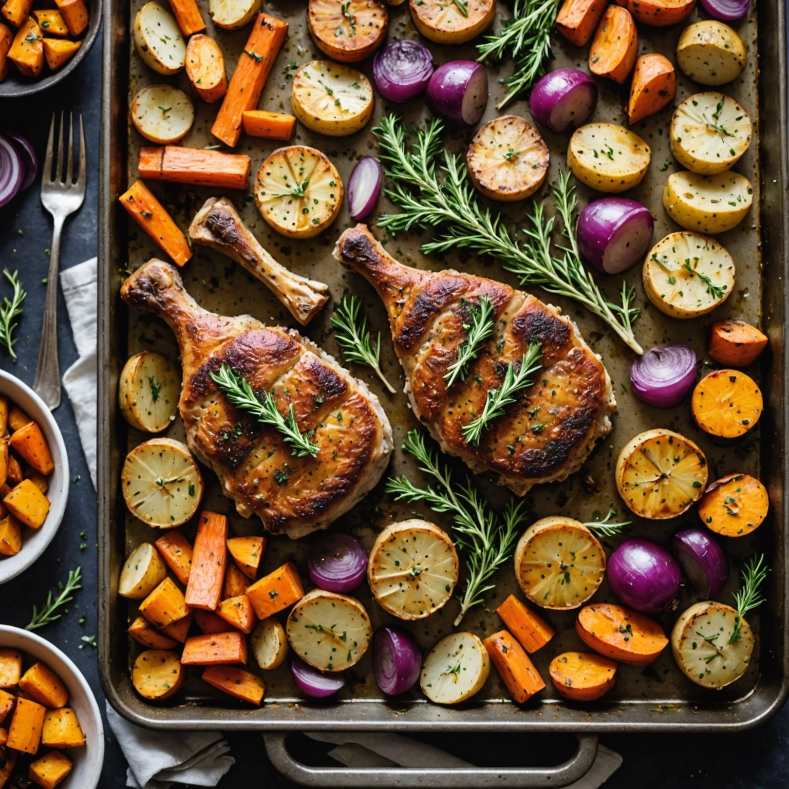 Sheet Pan Mustard and Herb-Crusted Pork Chops with Roasted Root Vegetables