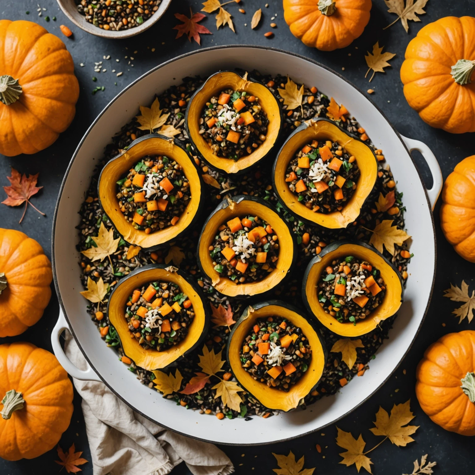 Vibrant baked acorn squash halves stuffed with lentils and wild rice on a rustic wooden surface with autumnal decor