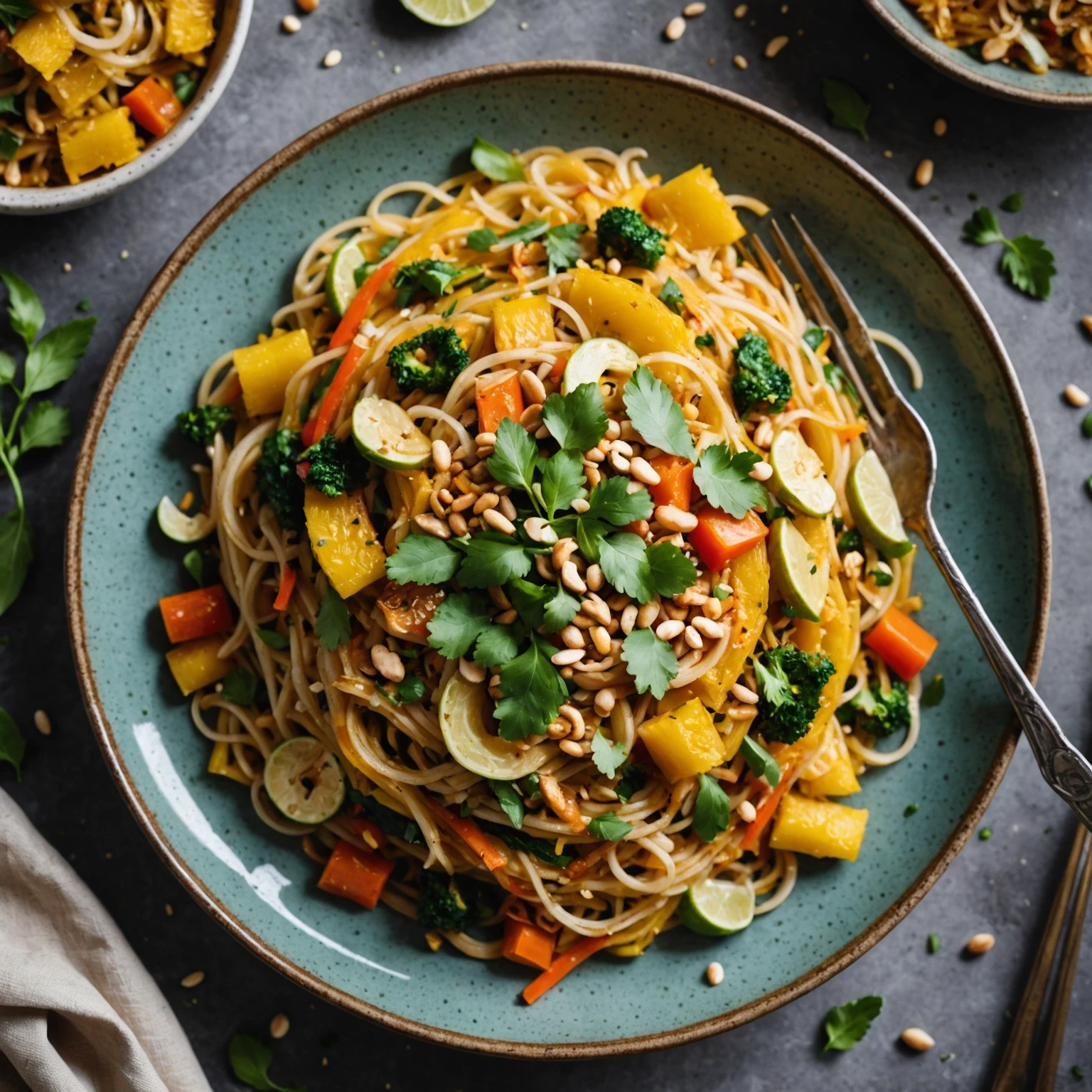 Elegant plating of one-pot spaghetti squash Pad Thai with colorful vegetables and herbs on a minimalist ceramic plate