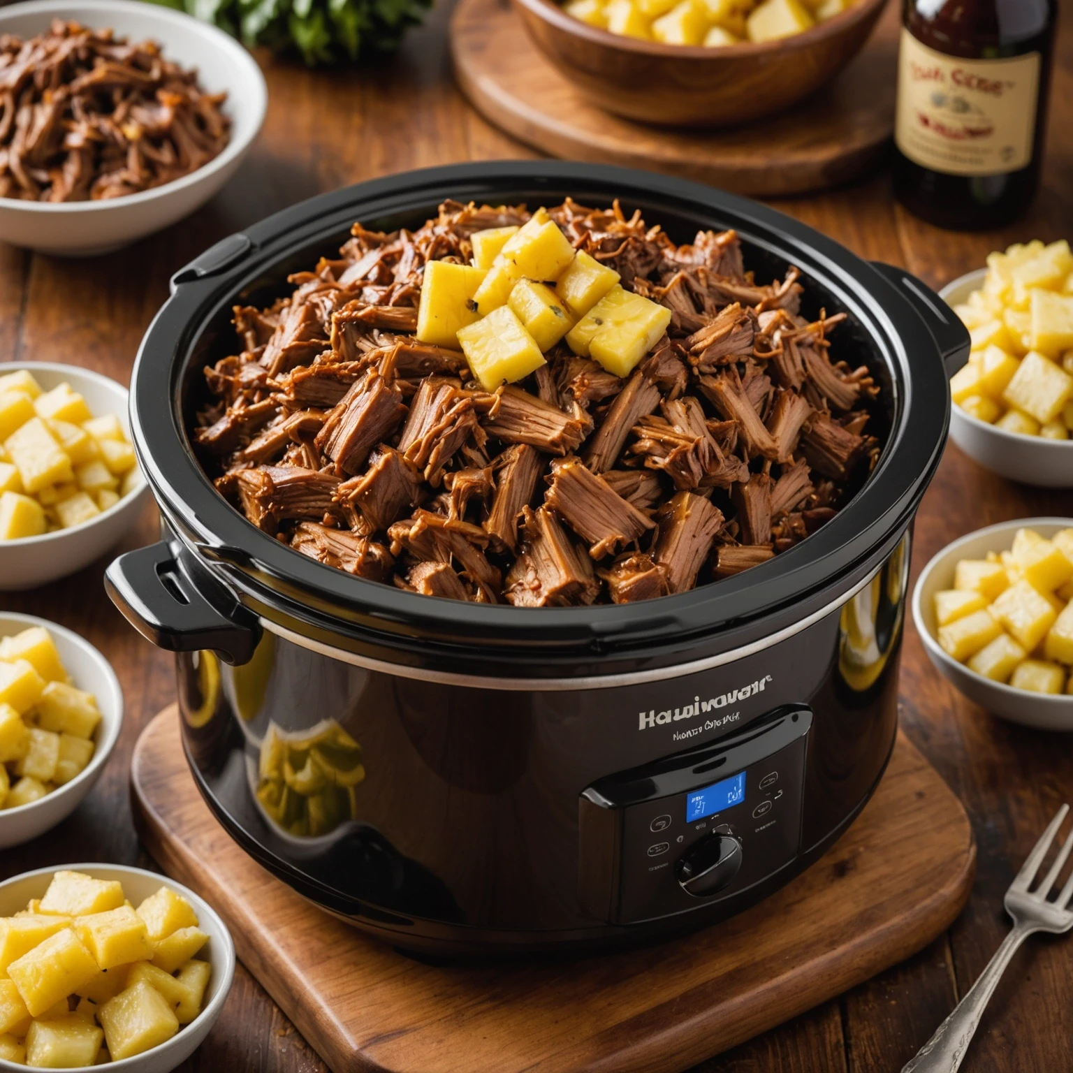 Slow cooker filled with Hawaiian BBQ pulled pork and pineapple chunks on a kitchen counter with warm ambient lighting