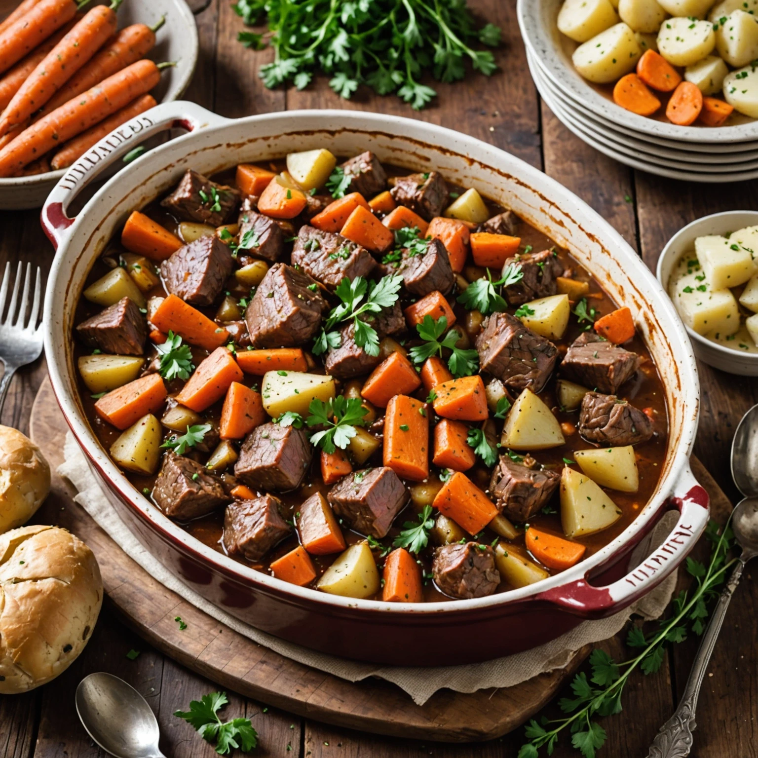 Hearty Beef and Root Vegetable Casserole with Red Wine and Thyme