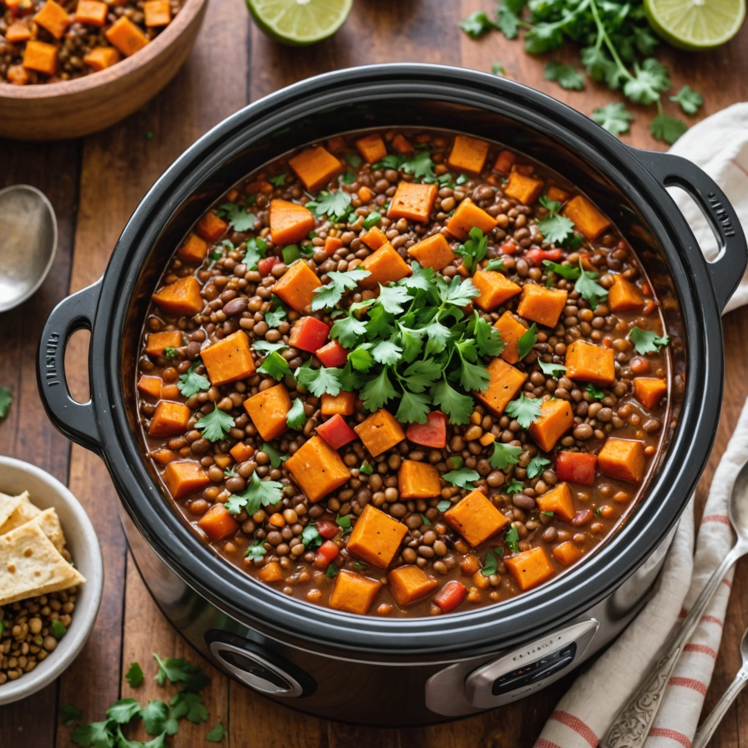 Slow Cooker Vegan Lentil and Sweet Potato Chili