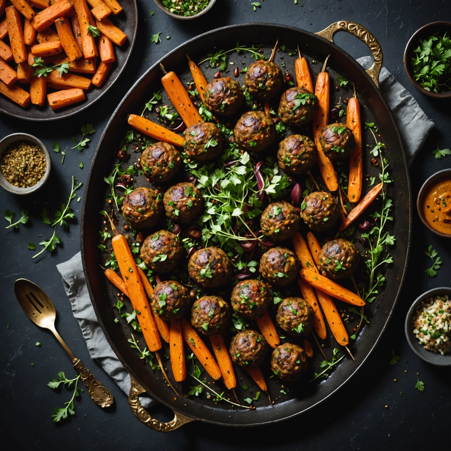 Sheet pan with spiced lamb kofta and cumin-roasted carrots fresh from the oven garnished with herbs