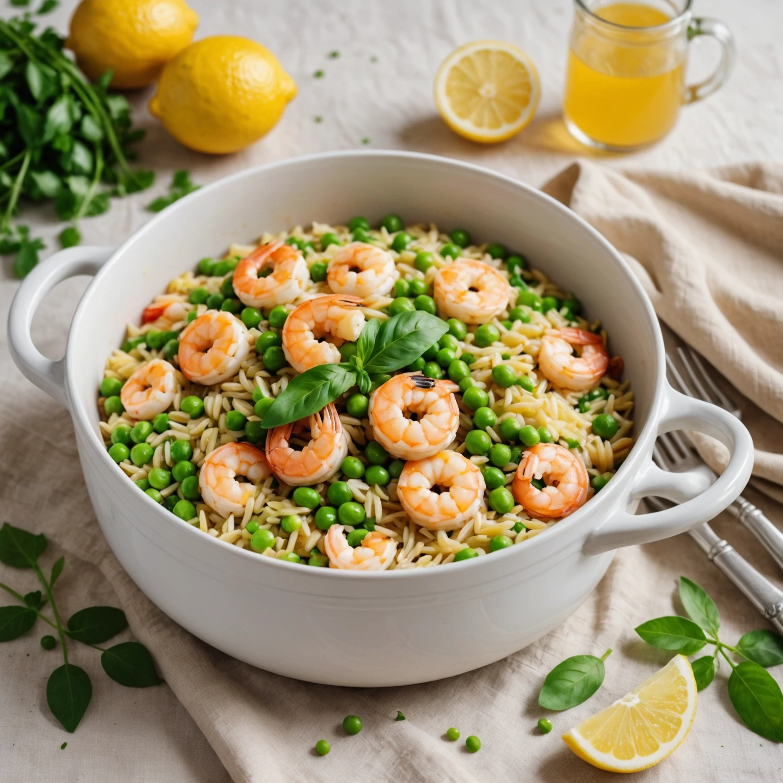 One-pot lemon garlic prawn and pea orzo served in a white ceramic pot on linen with fresh herbs and lemon wedges