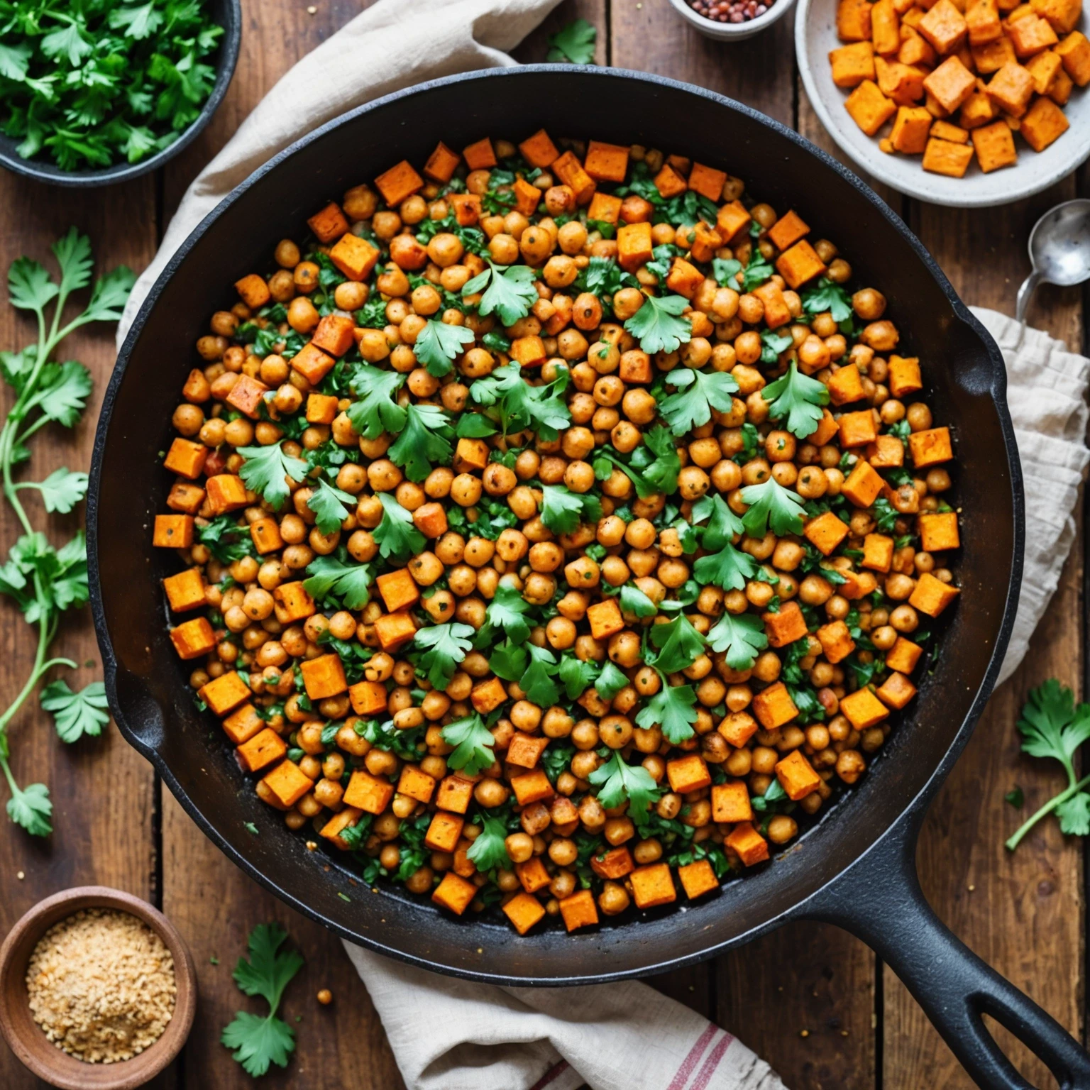 One-pan spiced chickpea and sweet potato hash cooked in a cast iron skillet on a rustic wooden table