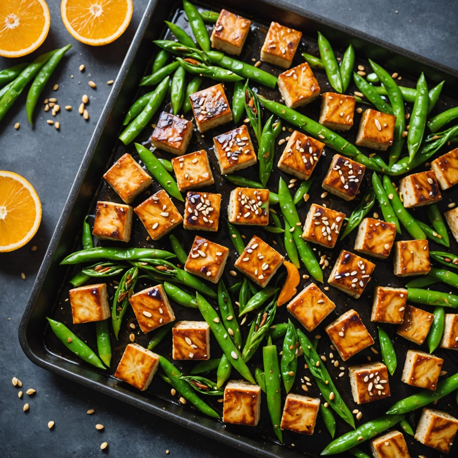 Sheet Pan Teriyaki Glazed Tofu with Roasted Snow Peas and Carrots