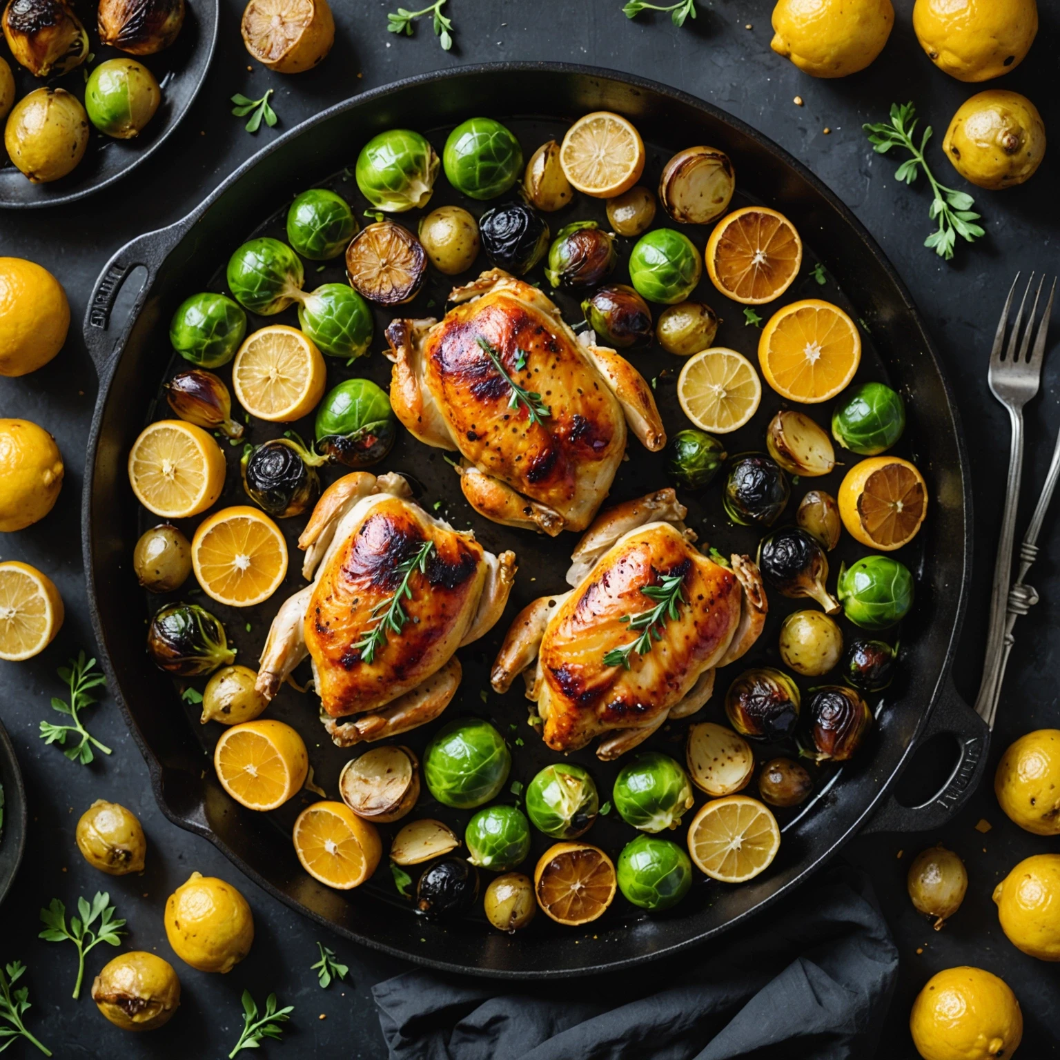 Top view of a sheet pan meal with citrus glazed roasted chicken, Brussels sprouts, and baby potatoes glowing with fresh herbs and vibrant colors