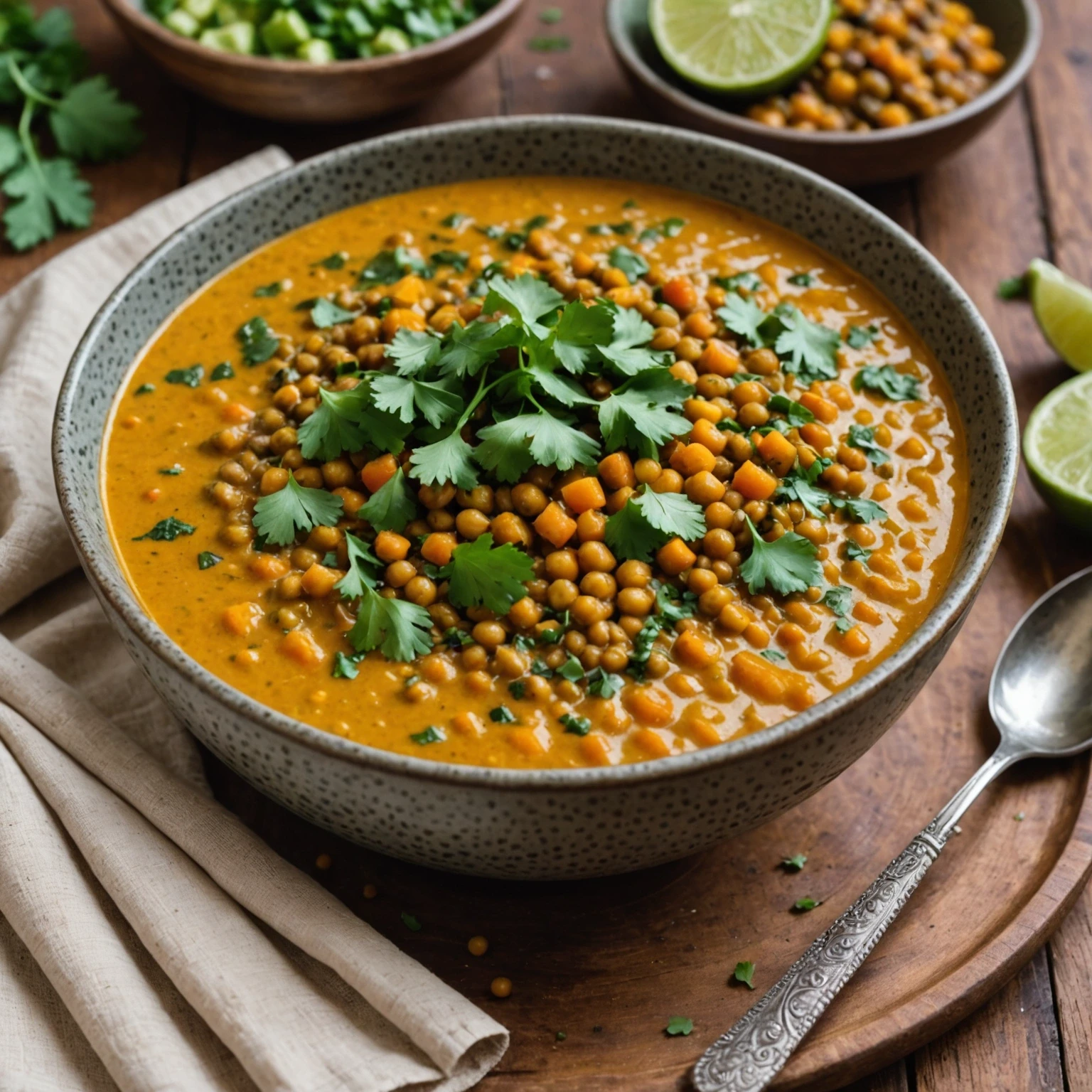 Rustic bowl of Indian-spiced lentil dahl soup garnished with cilantro and lime on a wooden table, highlighting a flavorful plant-based meal