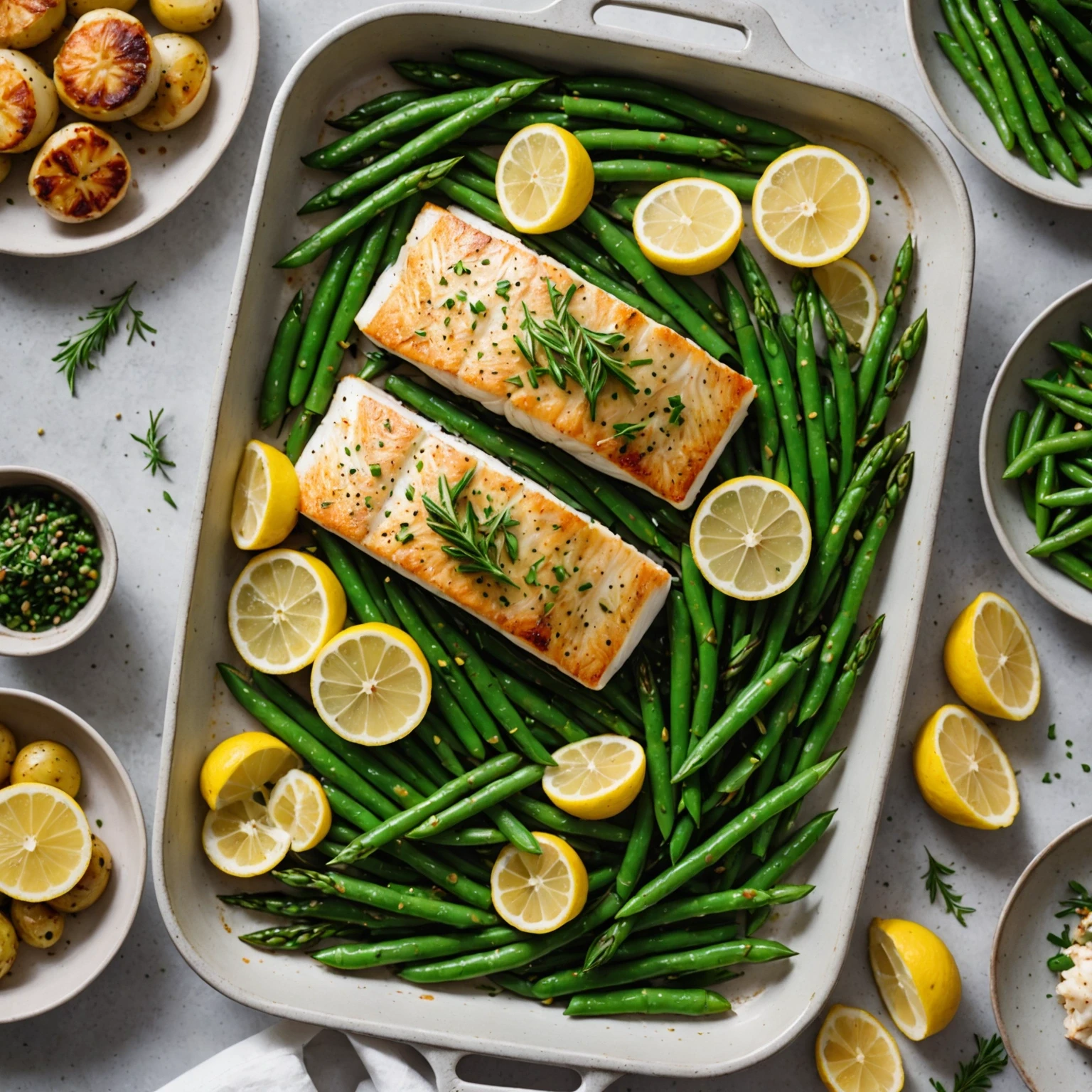 Sheet pan with herb-roasted halibut, garlic green beans, and baby potatoes presented elegantly in natural light on a modern baking tray